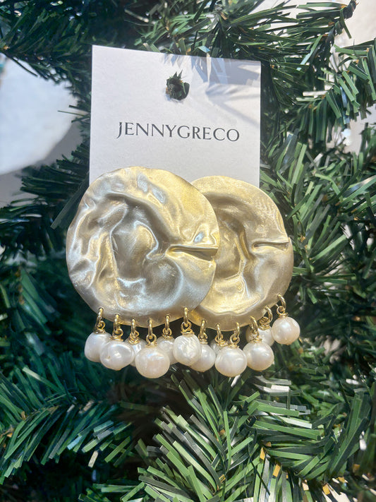 Textured gold disk earrings with pearl drops on a tree with JennyGreco tag