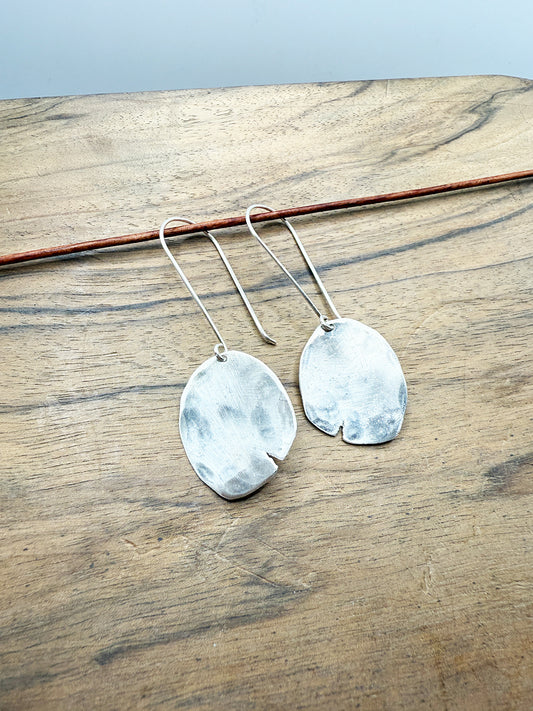 Pair of silver earrings on a wooden surface with a light blue background