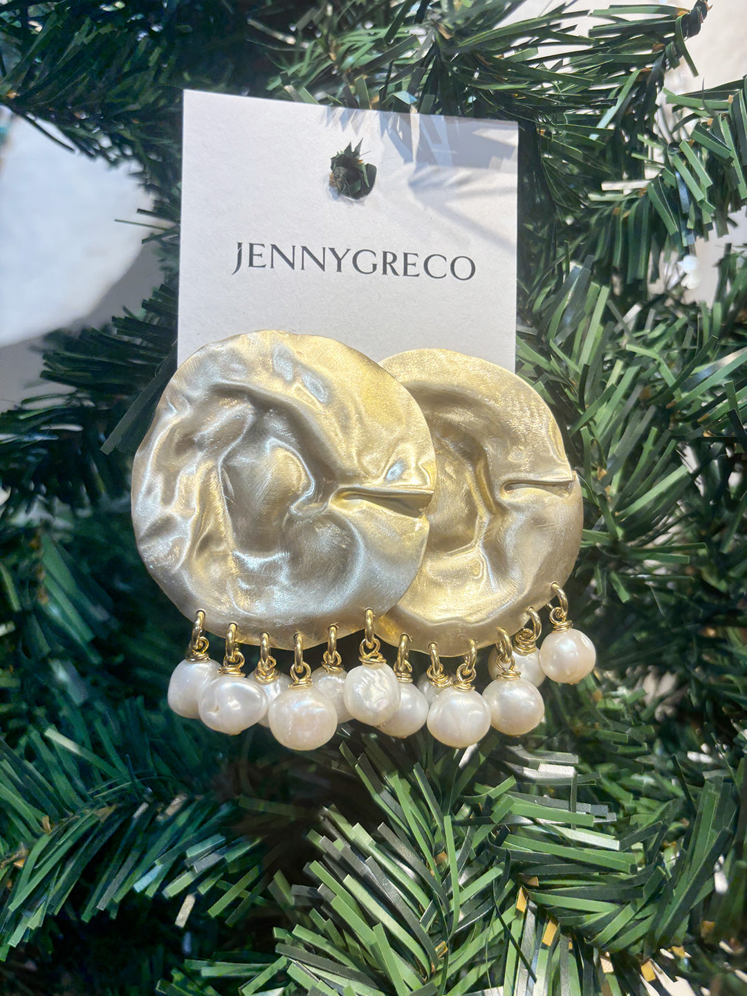 Textured gold disk earrings with pearl drops  on a tree with JennyGreco tag