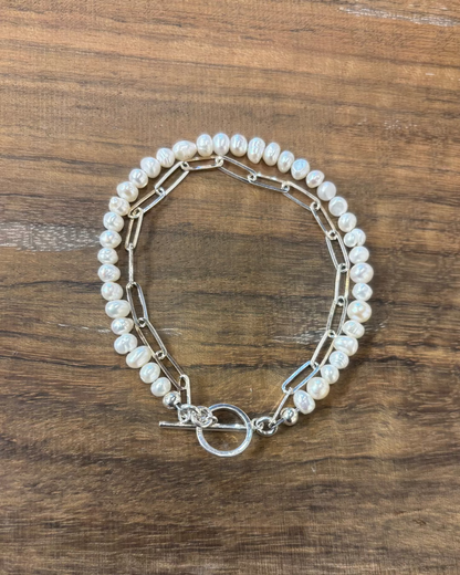 pearl and paper clip chain bracelet with toggle 