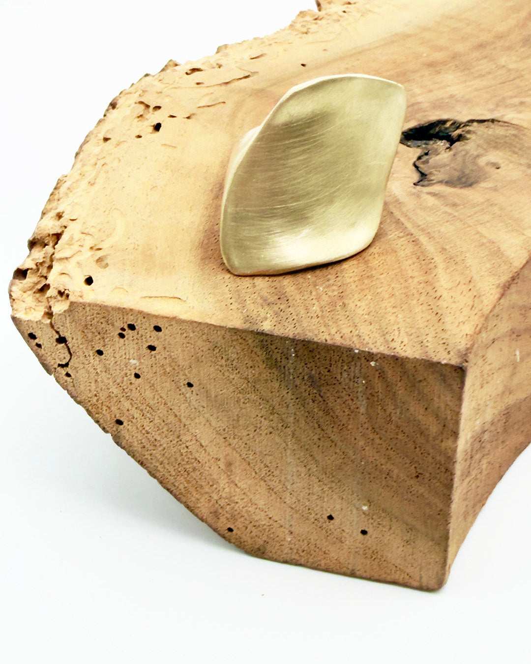 Brass fish-shaped object on a wooden block