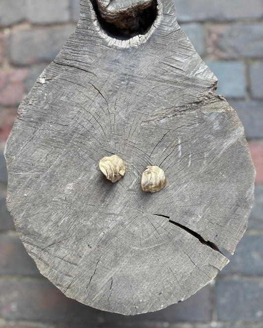 Two coral-inspired gold earrings on a wooden surface with a blurred background