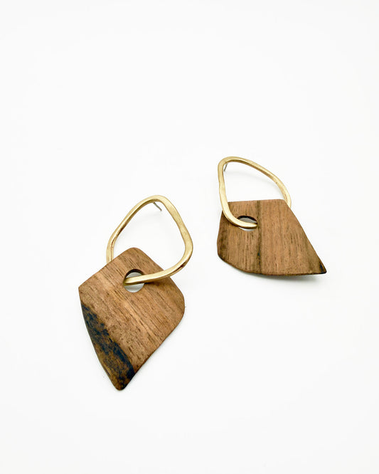 Wooden earrings with gold hooks on a white background