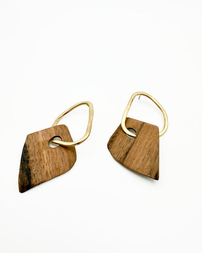 Pair of earrings with wooden and gold components on a white background