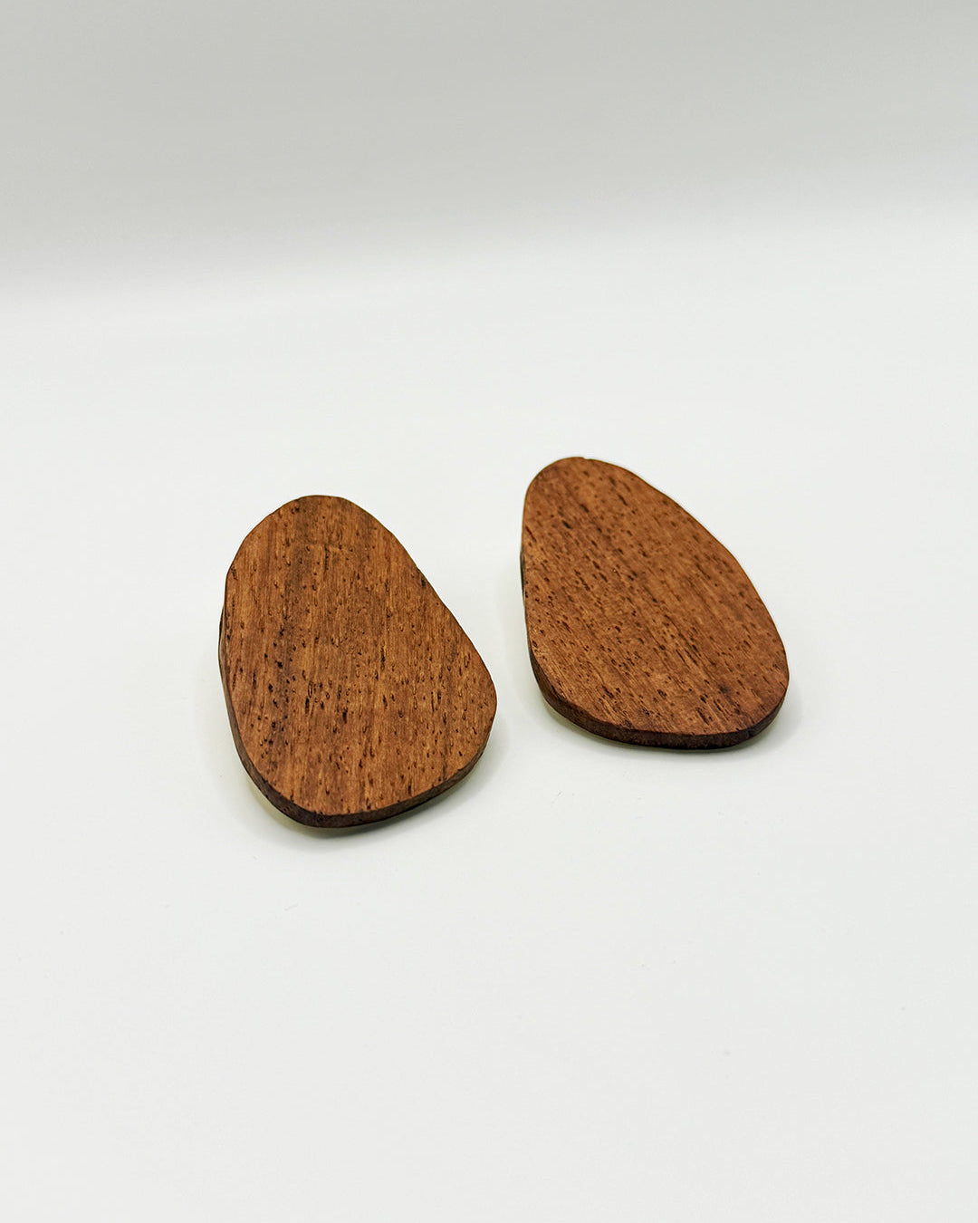Pair of wooden earrings on a white background