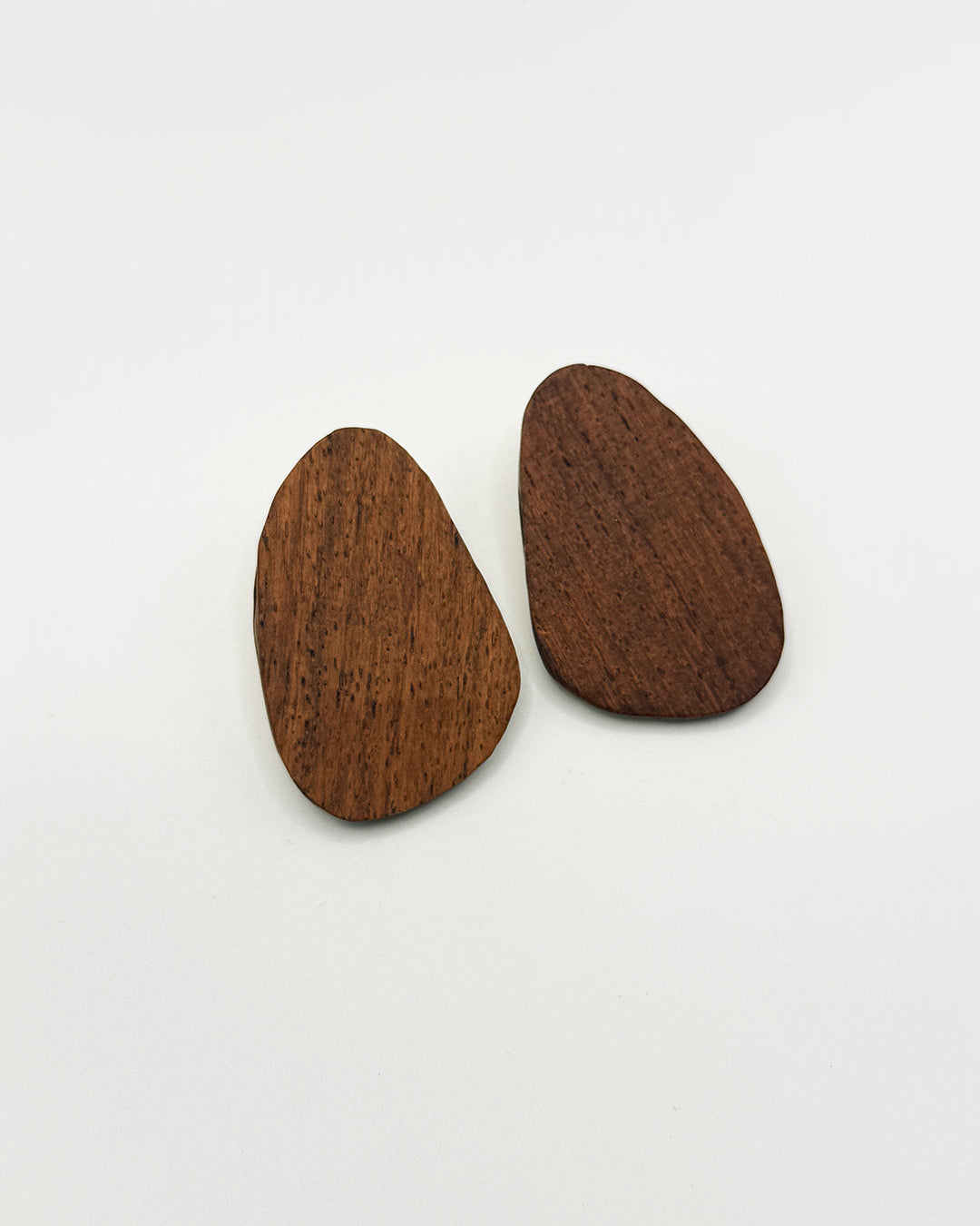 Pair of wooden earrings on a white background