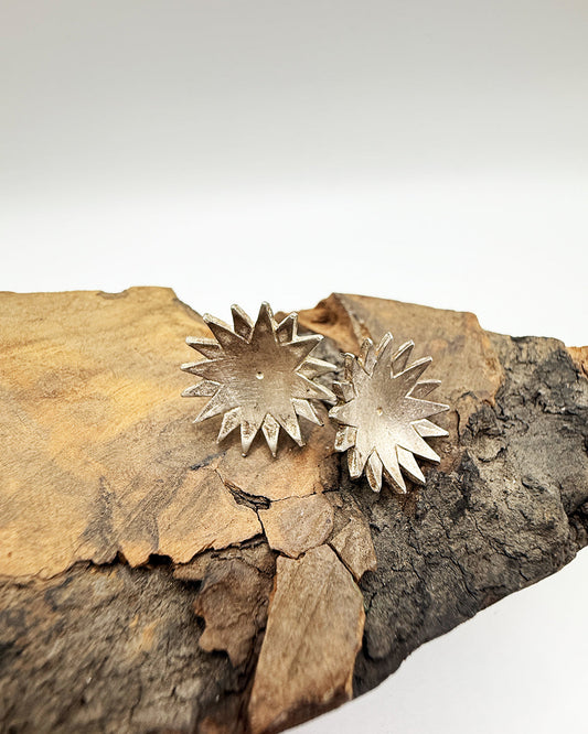 Silver star-shaped earrings on a piece of wood with a white background