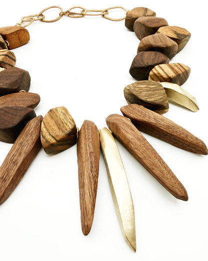 Wooden necklace with various shaped wooden beads on a white background