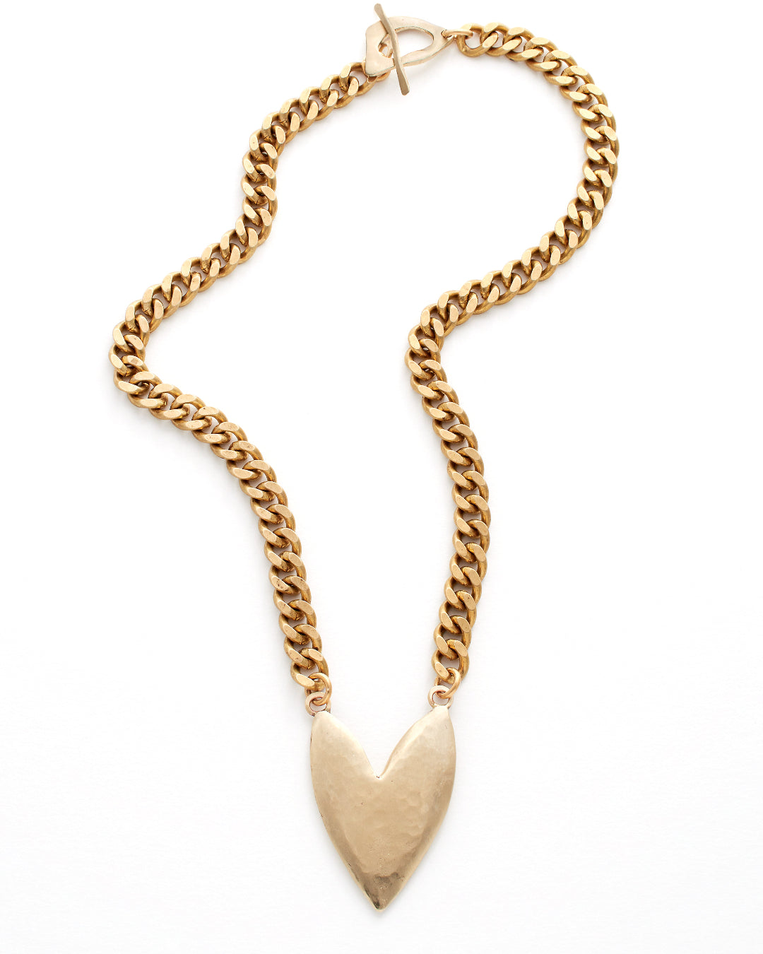 Gold chain necklace with a heart-shaped pendant on a white background