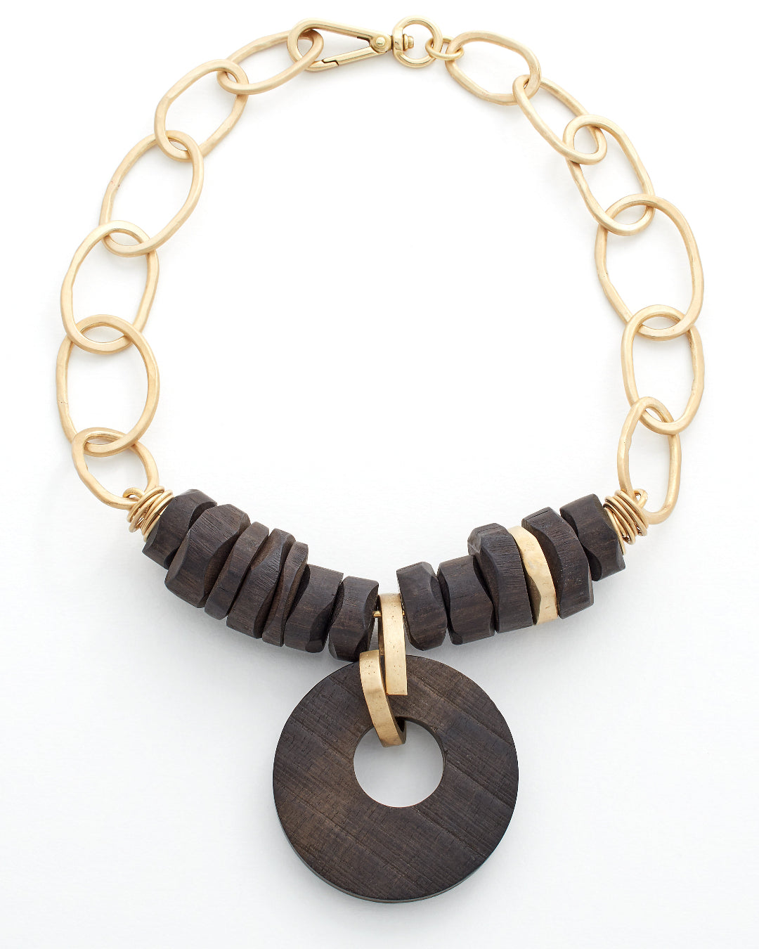 Gold link necklace with gold and dark wood beads on a white background